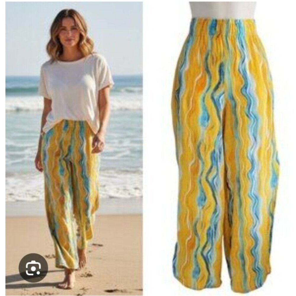 Rachel Zoe Wide Beach Pants Large Linen Blend Yellow High‎ Side Slit Boho Resort